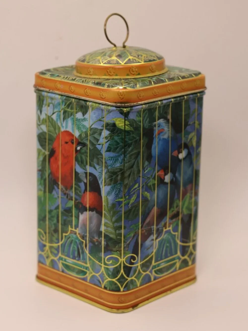 Vintage Bird Tin Container with Caged Design | Antique Style Metal Box for Stora